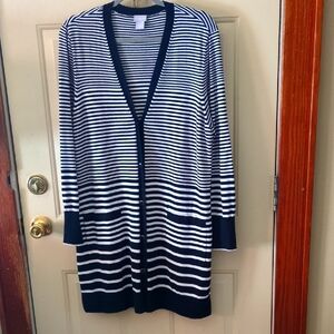 Chico's Navy & White Striped Cardigan With Button Front And Patch Pockets Size L